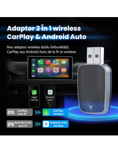 Adaptor Wireless CarPlay / Android Auto 2-in-1, BT 5.3, WiFi 5.8GHz, Plug & Play, iOS 10+, Android 11+, Auto-Reconectare 2