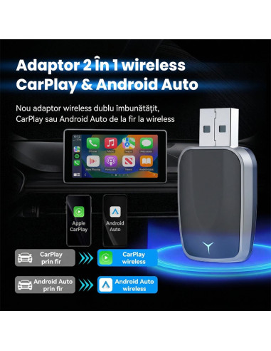 Adaptor Wireless CarPlay / Android Auto 2-in-1, BT 5.3, WiFi 5.8GHz, Plug & Play, iOS 10+, Android 11+, Auto-Reconectare