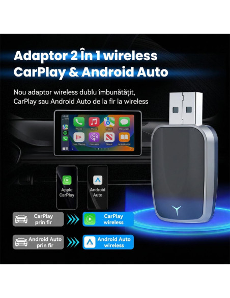 Adaptor Wireless CarPlay / Android Auto 2-in-1, BT 5.3, WiFi 5.8GHz, Plug & Play, iOS 10+, Android 11+, Auto-Reconectare