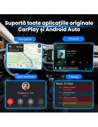 Adaptor Wireless CarPlay / Android Auto 2-in-1, BT 5.3, WiFi 5.8GHz, Plug & Play, iOS 10+, Android 11+, Auto-Reconectare