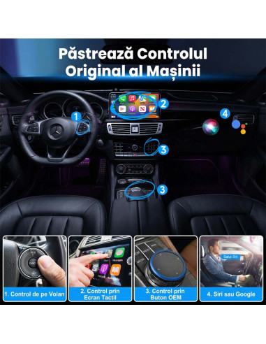 Adaptor Wireless CarPlay / Android Auto 2-in-1, BT 5.3, WiFi 5.8GHz, Plug & Play, iOS 10+, Android 11+, Auto-Reconectare