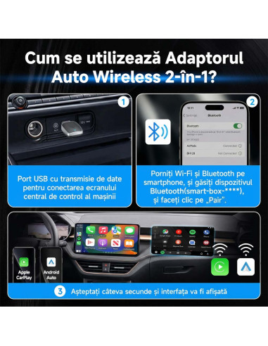 Adaptor Wireless CarPlay / Android Auto 2-in-1, BT 5.3, WiFi 5.8GHz, Plug & Play, iOS 10+, Android 11+, Auto-Reconectare