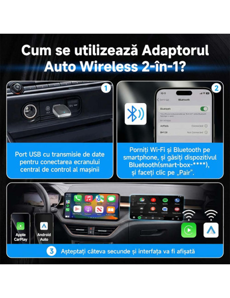 Adaptor Wireless CarPlay / Android Auto 2-in-1, BT 5.3, WiFi 5.8GHz, Plug & Play, iOS 10+, Android 11+, Auto-Reconectare