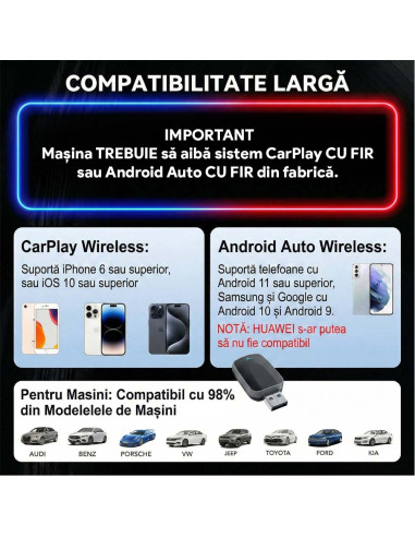Adaptor Wireless CarPlay / Android Auto 2-in-1, BT 5.3, WiFi 5.8GHz, Plug & Play, iOS 10+, Android 11+, Auto-Reconectare