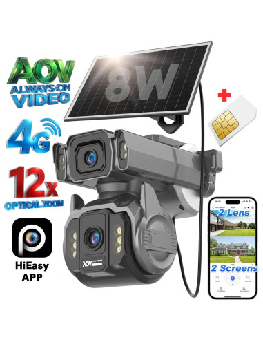 Cameră de Supraveghere AOV 4G cu Panou Solar și SIM, Zoom Optic 12X, Filmare Non-Stop 24/7 (Always On Video), 10000mAh, Alarme