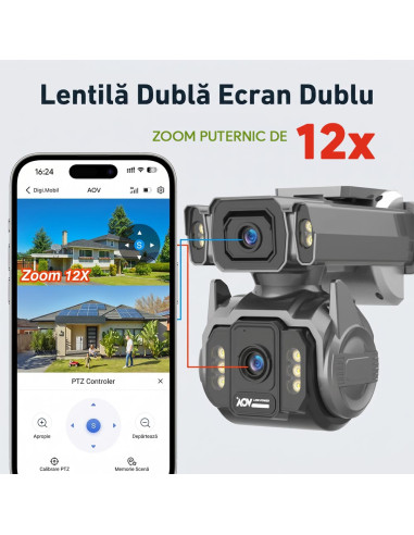 Cameră de Supraveghere AOV 4G cu Panou Solar și SIM, Zoom Optic 12X, Filmare Non-Stop 24/7 (Always On Video), 10000mAh, Alarme
