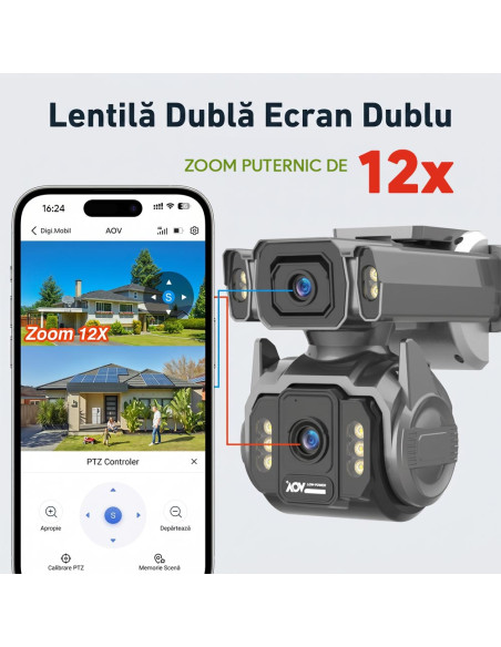 Cameră de Supraveghere AOV 4G cu Panou Solar și SIM, Zoom Optic 12X, Filmare Non-Stop 24/7 (Always On Video), 10000mAh, Alarme