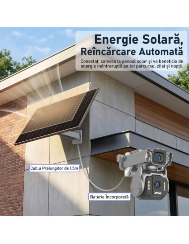 Cameră de Supraveghere AOV 4G cu Panou Solar și SIM, Zoom Optic 12X, Filmare Non-Stop 24/7 (Always On Video), 10000mAh, Alarme