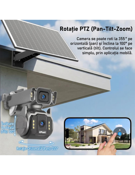 Cameră de Supraveghere AOV 4G cu Panou Solar și SIM, Zoom Optic 12X, Filmare Non-Stop 24/7 (Always On Video), 10000mAh, Alarme