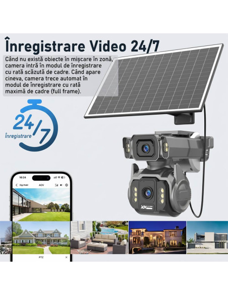 Cameră de Supraveghere AOV 4G cu Panou Solar și SIM, Zoom Optic 12X, Filmare Non-Stop 24/7 (Always On Video), 10000mAh, Alarme