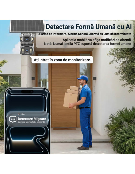 Cameră de Supraveghere AOV 4G cu Panou Solar și SIM, Zoom Optic 12X, Filmare Non-Stop 24/7 (Always On Video), 10000mAh, Alarme