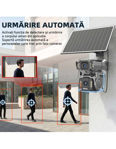 Cameră de Supraveghere AOV 4G cu Panou Solar și SIM, Zoom Optic 12X, Filmare Non-Stop 24/7 (Always On Video), 10000mAh, Alarme