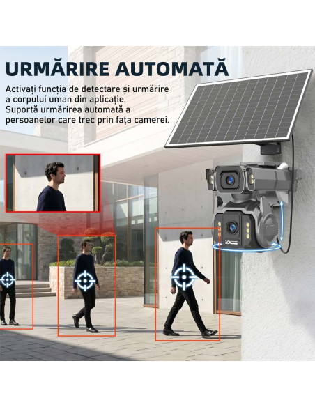 Cameră de Supraveghere AOV 4G cu Panou Solar și SIM, Zoom Optic 12X, Filmare Non-Stop 24/7 (Always On Video), 10000mAh, Alarme
