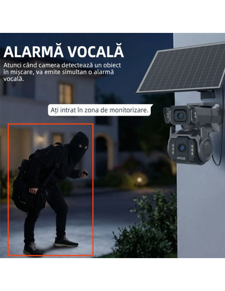 Camera de Supraveghere AOV 4G cu Panou Solar si SIM, Zoom Optic 12X, Filmare Non-Stop 24/7 (Always On Video), 10000mAh, Alarme