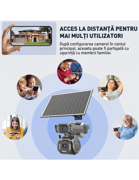 Camera de Supraveghere AOV 4G cu Panou Solar si SIM, Zoom Optic 12X, Filmare Non-Stop 24/7 (Always On Video), 10000mAh, Alarme