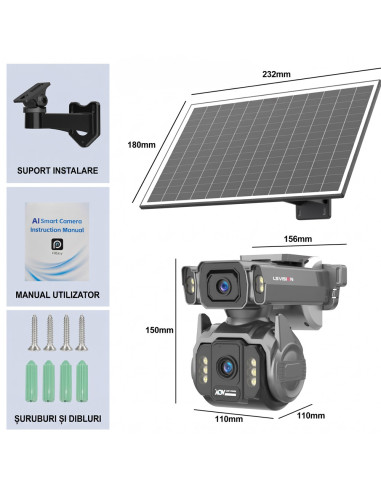 Camera de Supraveghere AOV 4G cu Panou Solar si SIM, Zoom Optic 12X, Filmare Non-Stop 24/7 (Always On Video), 10000mAh, Alarme