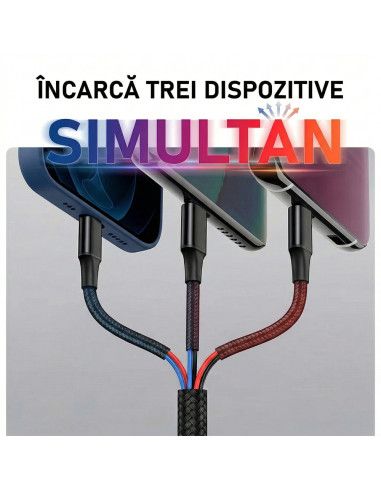 Cablu cu Trei Capete 3-in-1 66W, 6A, Fast Charge, 1.2m, USB la USB-C / Lightning / Micro-USB, Cablu USB, Nailon Impletit, iPhone