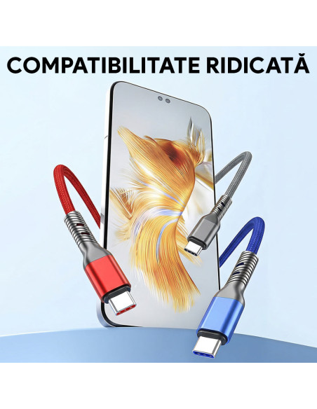 Cablu cu Trei Capete 3-in-1 66W, 6A, Fast Charge, 1.2m, USB la USB-C / Lightning / Micro-USB, Cablu USB, Nailon Impletit, iPhone