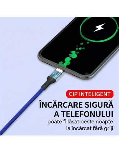 Cablu cu Trei Capete 3-in-1 66W, 6A, Fast Charge, 1.2m, USB la USB-C / Lightning / Micro-USB, Cablu USB, Nailon Impletit, iPhone