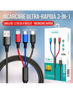 Cablu cu Trei Capete 3-in-1 66W, 6A, Fast Charge, 1.2m, USB la USB-C / Lightning / Micro-USB, Cablu USB, Nailon Impletit, iPhone 2