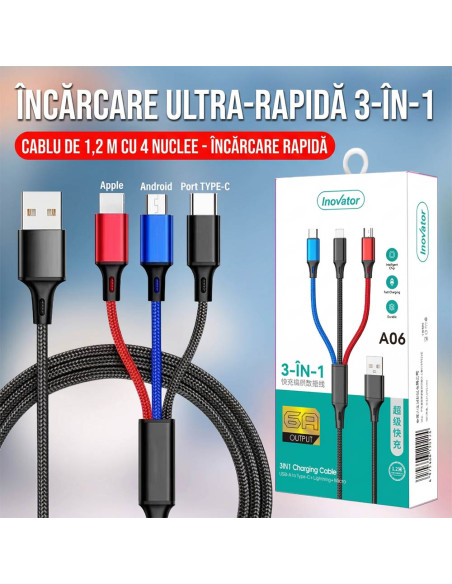 Cablu cu Trei Capete 3-in-1 66W, 6A, Fast Charge, 1.2m, USB la USB-C / Lightning / Micro-USB, Cablu USB, Nailon Impletit, iPhone