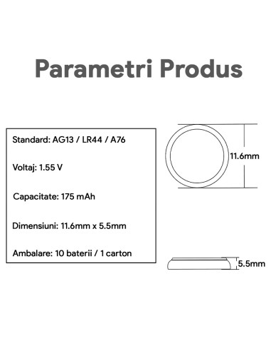 Baterie AG13 Blister Baterii AG13 Alcaline tip LR44, A76, L1154, V13GA, GPA76,1.55V 175mAh