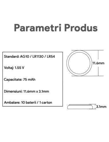 Baterie AG10 Blister Baterii AG10 Alcaline tip LR54, LR1130, 189, GP189, 389,1.55V 75mAh