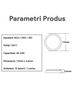 Baterie AG3 Blister Baterii AG3 Alcaline tip LR41, LR736, 384, 392,1.55V 45mAh 2