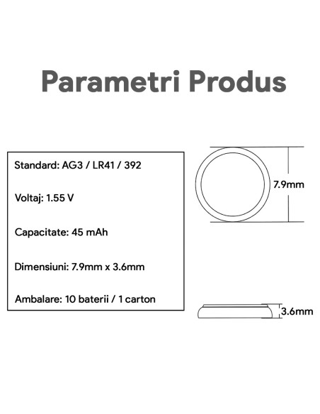 Baterie AG3 Blister Baterii AG3 Alcaline tip LR41, LR736, 384, 392,1.55V 45mAh