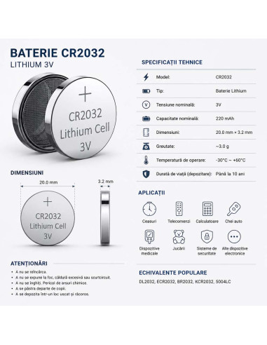 Baterie CR2032, Blister Baterii CR2032 3V Litiu, Pastila 220mAh, 20x3.2mm