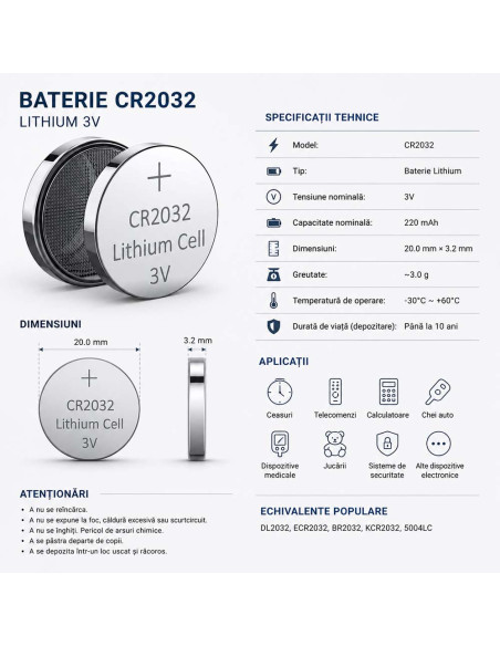 Baterie CR2032, Blister Baterii CR2032 3V Litiu, Pastila 220mAh, 20x3.2mm