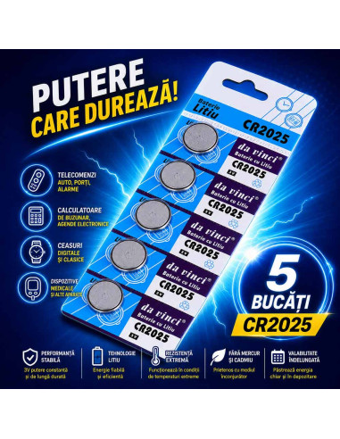 Baterie CR2025, Blister Baterii CR2025 3V Litiu, Pastila 170mAh, 20x2.5mm