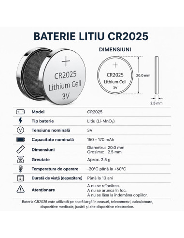 Baterie CR2025, Blister Baterii CR2025 3V Litiu, Pastila 170mAh, 20x2.5mm