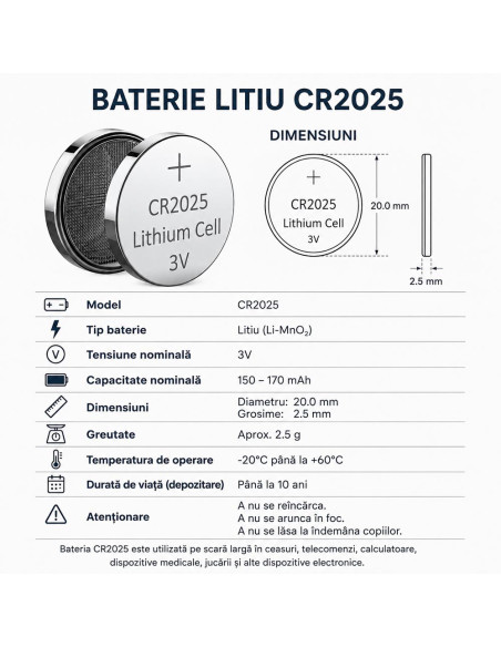 Baterie CR2025, Blister Baterii CR2025 3V Litiu, Pastila 170mAh, 20x2.5mm
