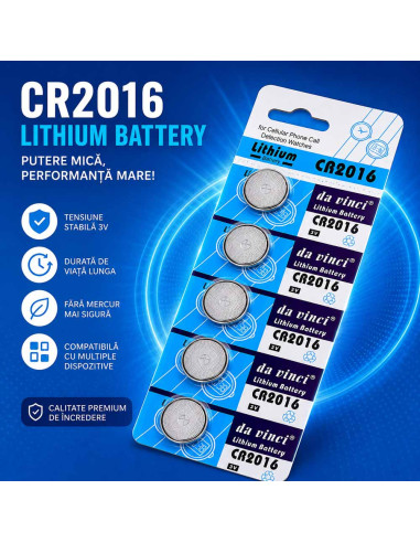 Baterie CR2016, Blister Baterii CR2016 3V Litiu, Pastila 90mAh, 20x1.6mm