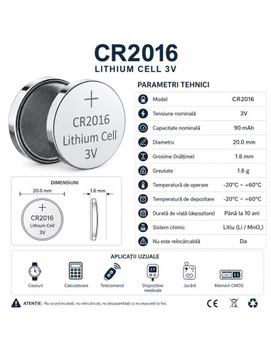 Baterie CR2016, Blister Baterii CR2016 3V Litiu, Pastila 90mAh, 20x1.6mm