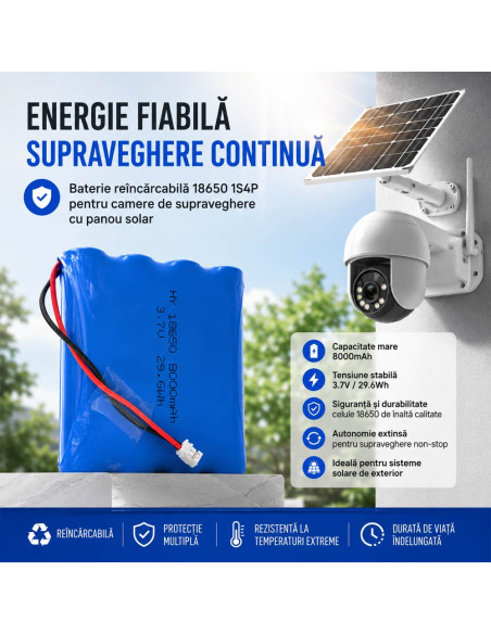 Acumulator Camera Supraveghere V380 Pro, 8000mAh 3.7V 29.6Wh, Model 18650-1S4P, JST PH 2.0 2-Pin Pas 2.0mm, 73x65x18mm
