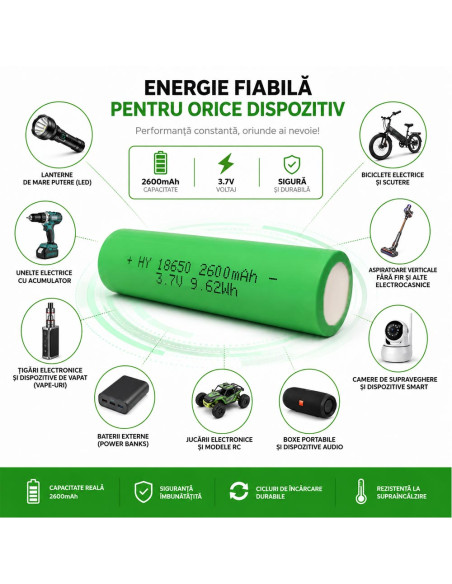 Acumulator 18650 Li-Ion 3.7V 2600mAh (9.62Wh) - Baterie pt. Vape, Tigara Electronica, Lanterna LED, Boxa si Camera Supraveghere