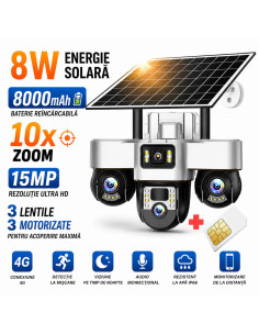 Camera de Supraveghere cu SIM 4G, 3 Camere Motorizate 15MP cu PTZ, 8000mAh, Panou 8W, Zoom 10x, Cartela SIM Inclusa