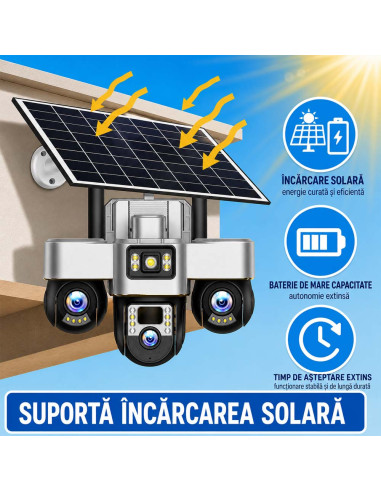 Camera de Supraveghere cu SIM 4G, 3 Camere Motorizate 15MP cu PTZ, 8000mAh, 3 Ecrane, Panou 8W, Zoom 10x, Cartela SIM Inclusa