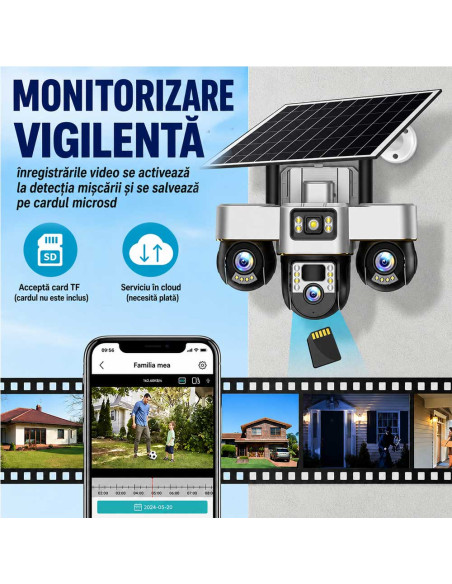 Camera de Supraveghere cu SIM 4G, 3 Camere Motorizate 15MP cu PTZ, 8000mAh, 3 Ecrane, Panou 8W, Zoom 10x, Cartela SIM Inclusa