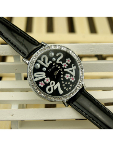Ceas elegant, negru, cu cadran mare decorat cu cristale si elemente florale
