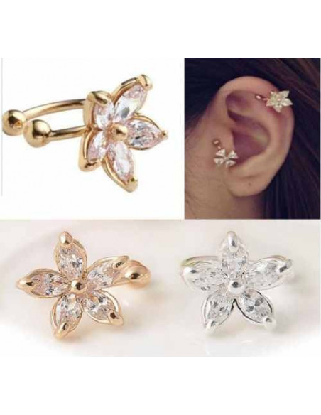 Cercel tip ear cuff, floricica micuta cu cinci cristale