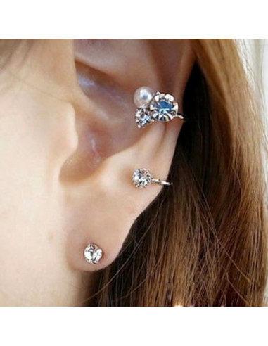 Cercel ear cuff pentru ambele urechi, fir auriu cu cristale si perla