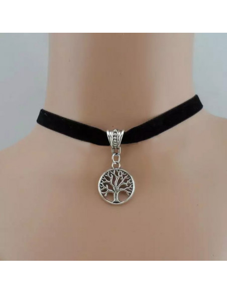 Colier choker din catifea neagra, cu medalion Copacul Vietii