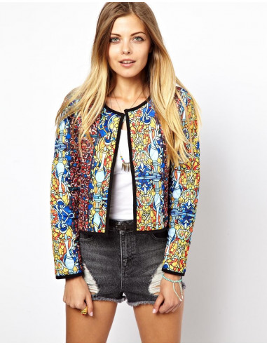 Jacheta scurta de toamna, matlasata, model mozaic multicolor