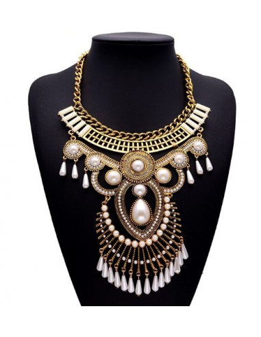 Colier statement, model indian, din metal auriu cu perle