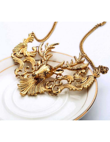Colier statement din metal patinat, model cu cerb cu coarne mari