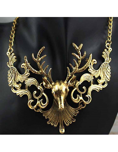 Colier statement din metal patinat, model cu cerb cu coarne mari