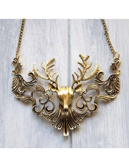 Colier statement din metal patinat, model cu cerb cu coarne mari